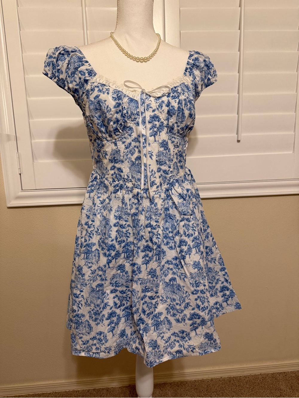 Blue Floral Mini Dress with Sweetheart Tie